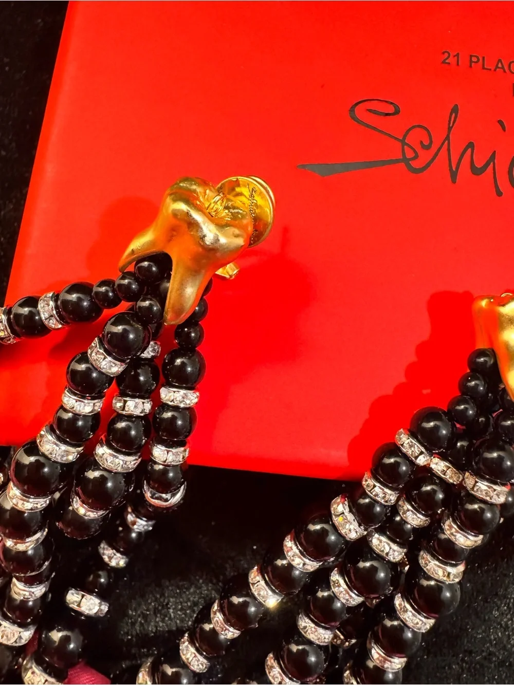 Schiaparelli inspired Elegant Black Beaded Drop Earrings with Gold Accents